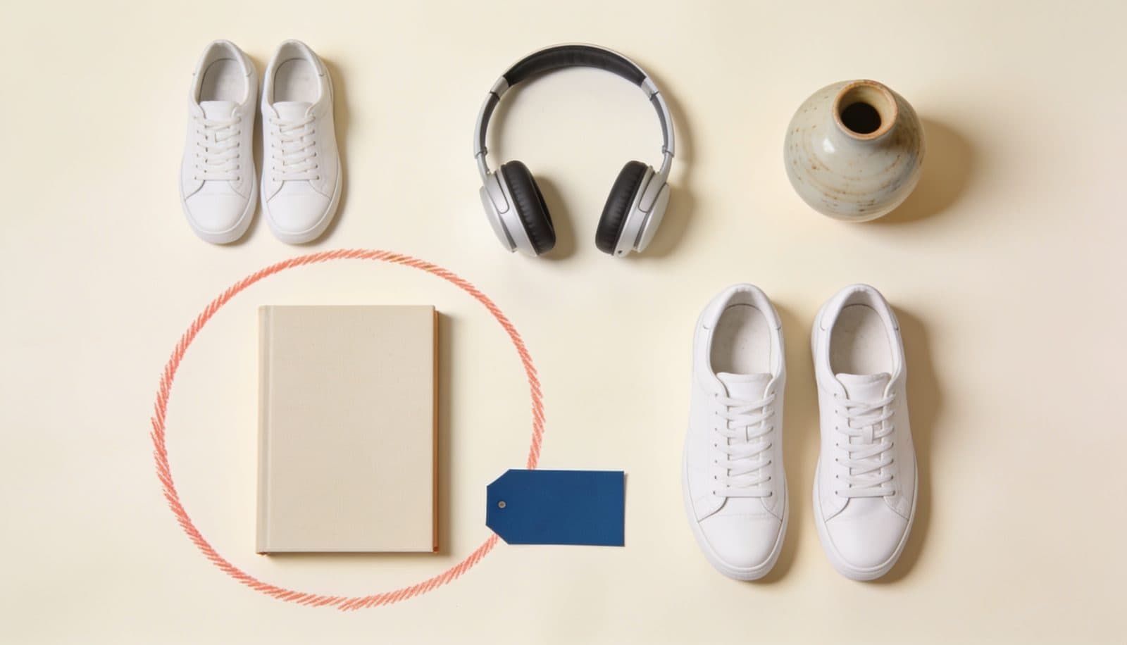 A set of everyday objects laid out on warm paper, catalog-style